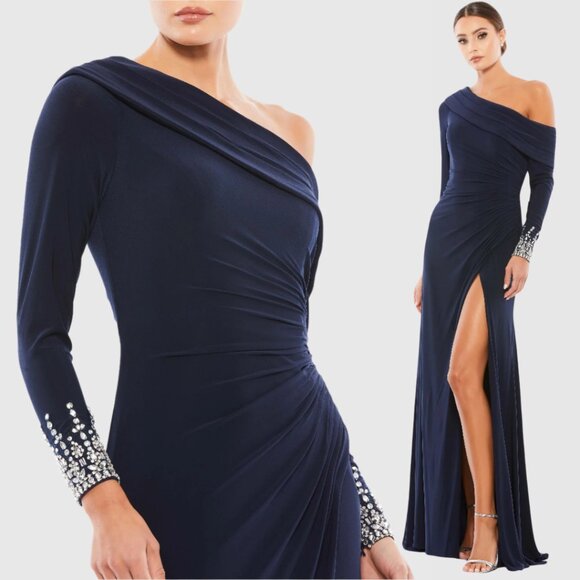 Mac‎ Duggal 12231 Size 6 Dark Blue Drop Shoulder Jersey Jeweled Maxi Gown Dress - Picture 1 of 6